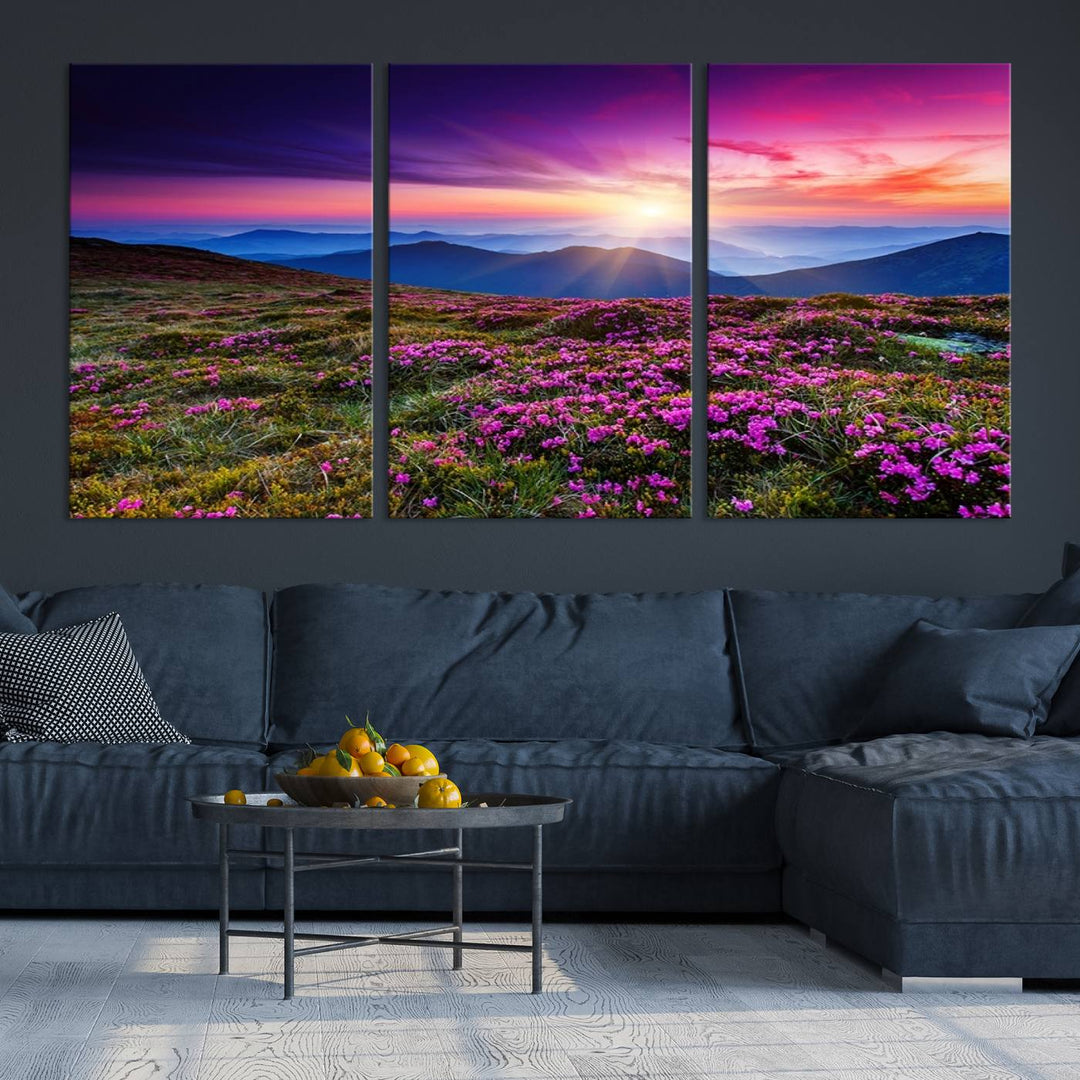 Large Wall Art Landscape Canvas PrintPurple Flowers and Mountains Behind at Sunset