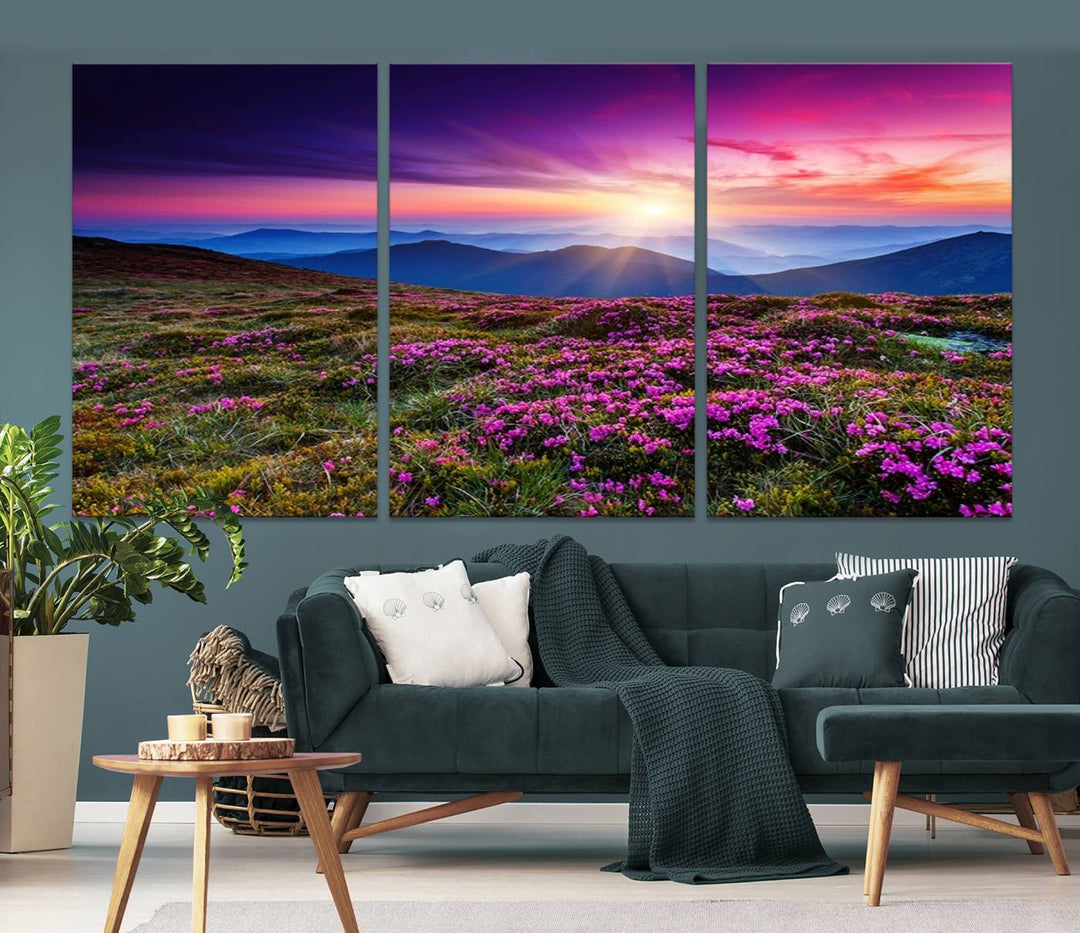 Large Wall Art Landscape Canvas PrintPurple Flowers and Mountains Behind at Sunset