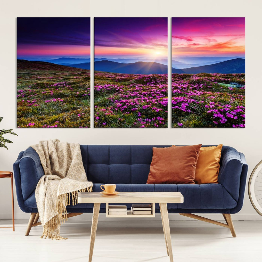 Large Wall Art Landscape Canvas PrintPurple Flowers and Mountains Behind at Sunset