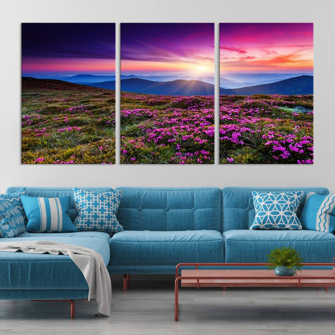 Large Wall Art Landscape Canvas PrintPurple Flowers and Mountains Behind at Sunset