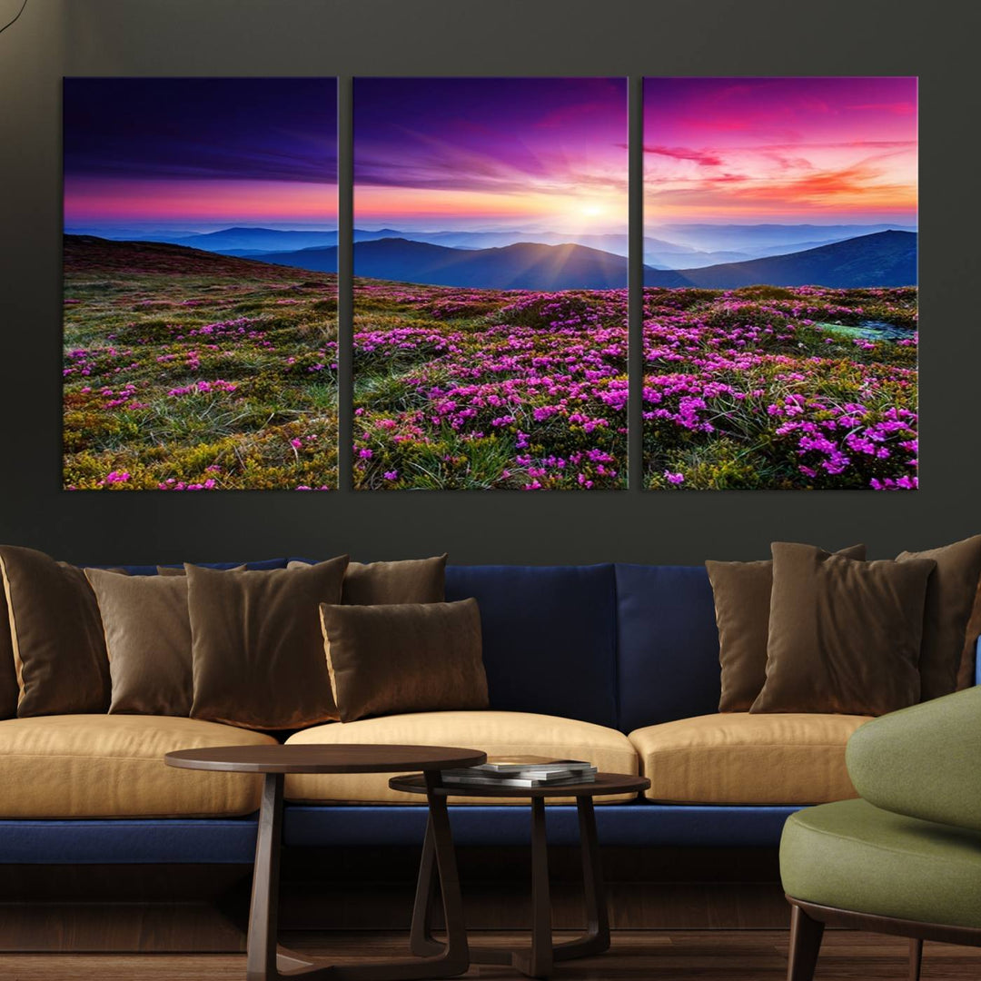 Large Wall Art Landscape Canvas PrintPurple Flowers and Mountains Behind at Sunset