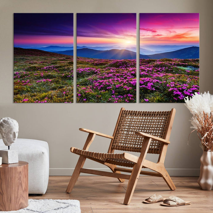 Large Wall Art Landscape Canvas PrintPurple Flowers and Mountains Behind at Sunset