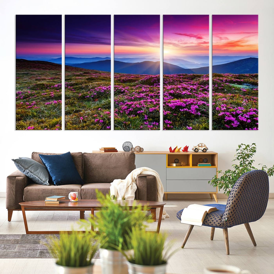 Large Wall Art Landscape Canvas PrintPurple Flowers and Mountains Behind at Sunset