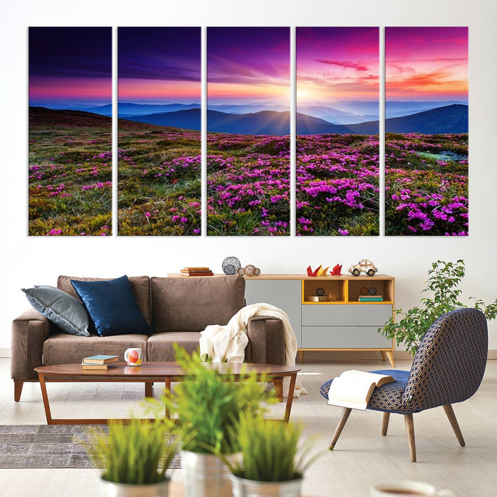 Large Wall Art Landscape Canvas PrintPurple Flowers and Mountains Behind at Sunset