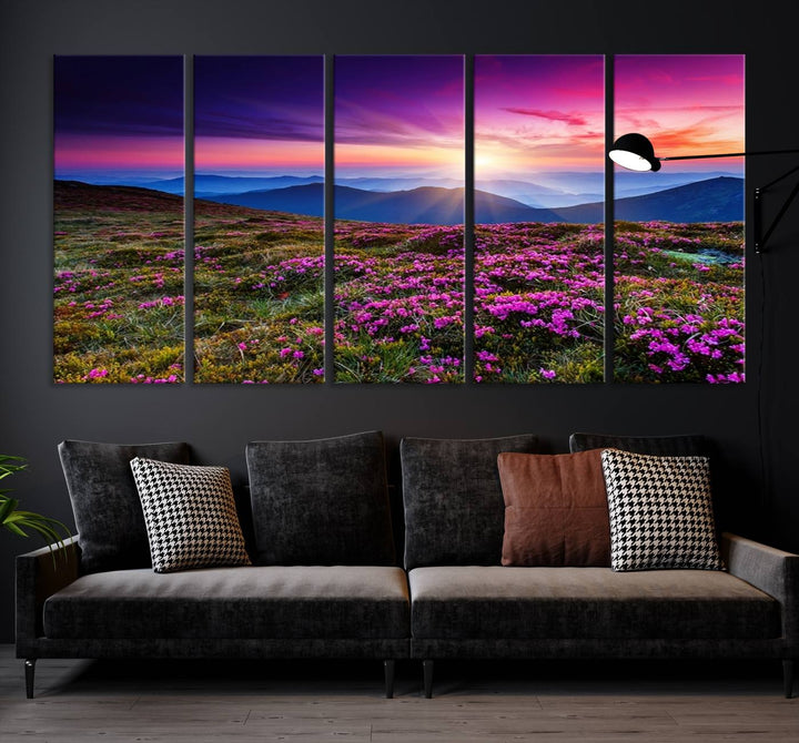 Large Wall Art Landscape Canvas PrintPurple Flowers and Mountains Behind at Sunset