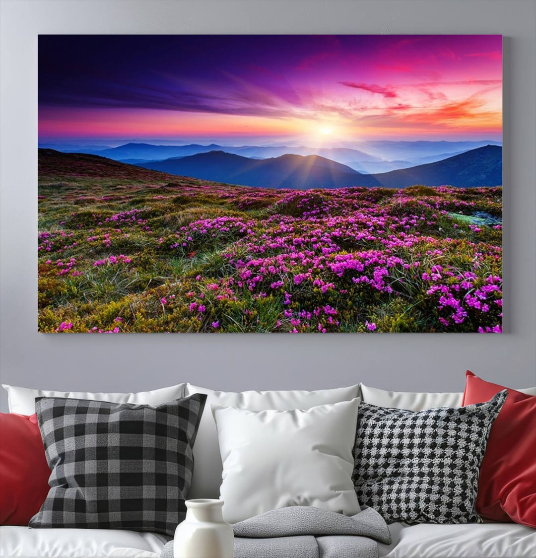 Large Wall Art Landscape Canvas PrintPurple Flowers and Mountains Behind at Sunset