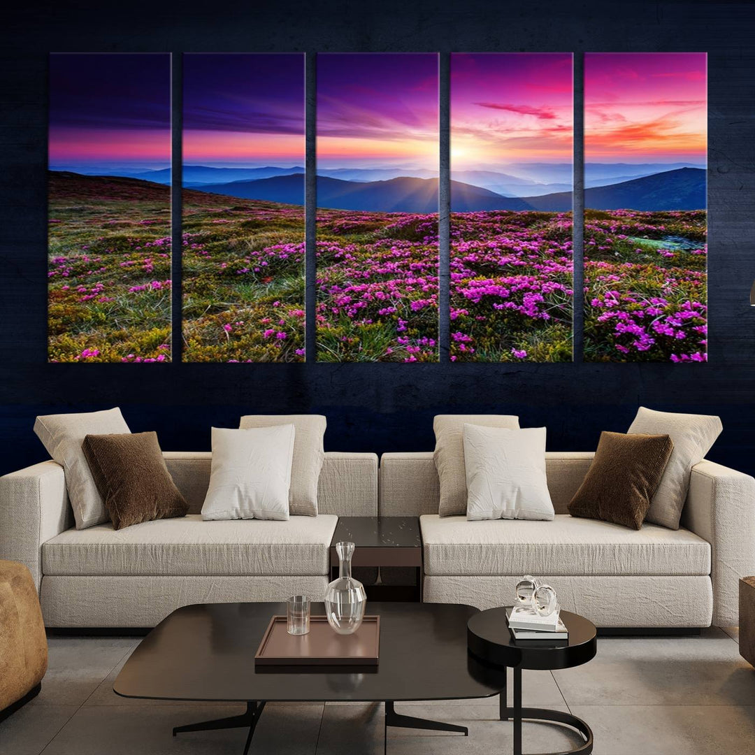 Large Wall Art Landscape Canvas PrintPurple Flowers and Mountains Behind at Sunset