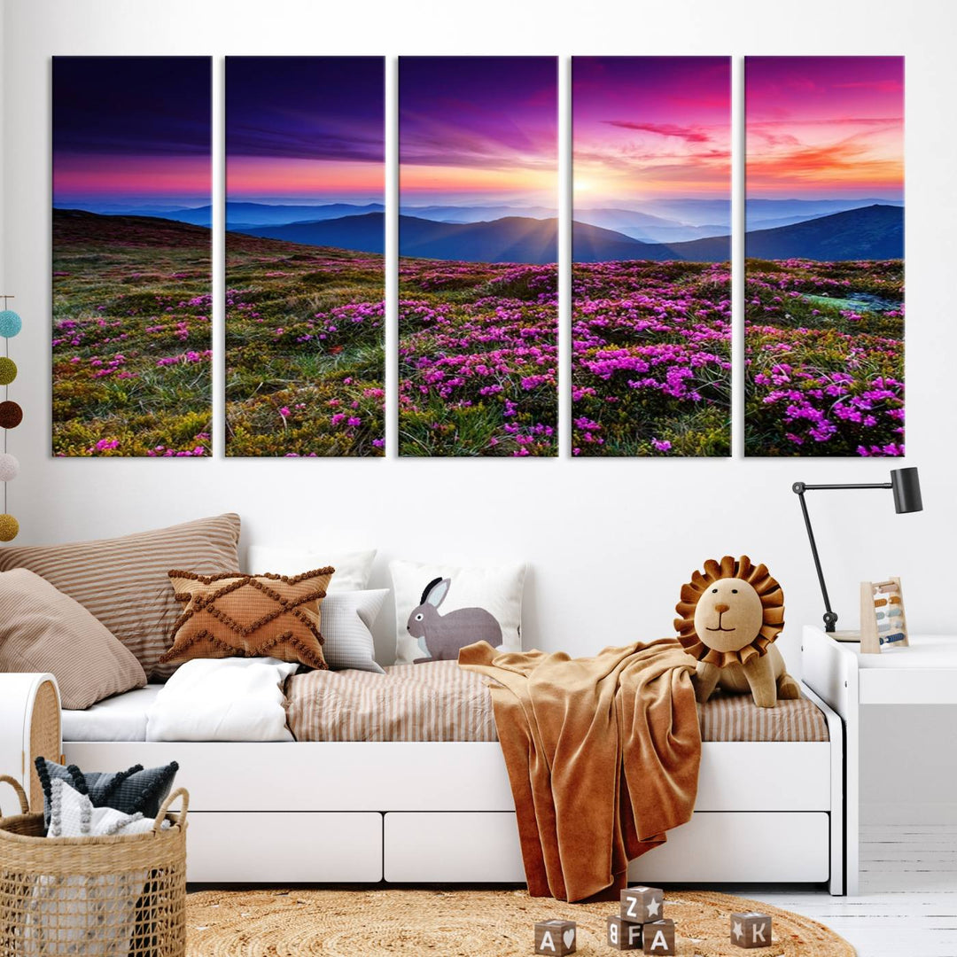 Large Wall Art Landscape Canvas PrintPurple Flowers and Mountains Behind at Sunset