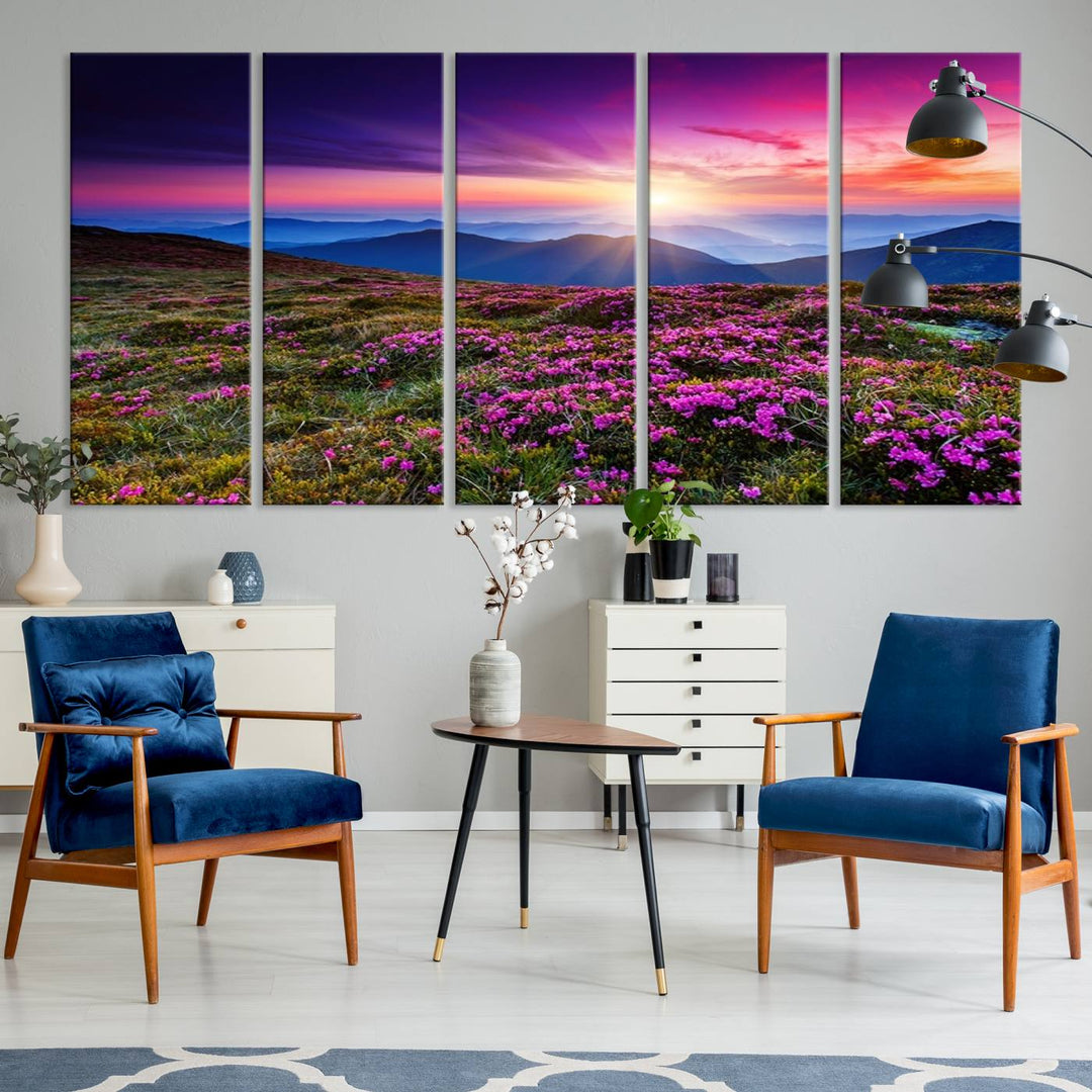 Large Wall Art Landscape Canvas PrintPurple Flowers and Mountains Behind at Sunset