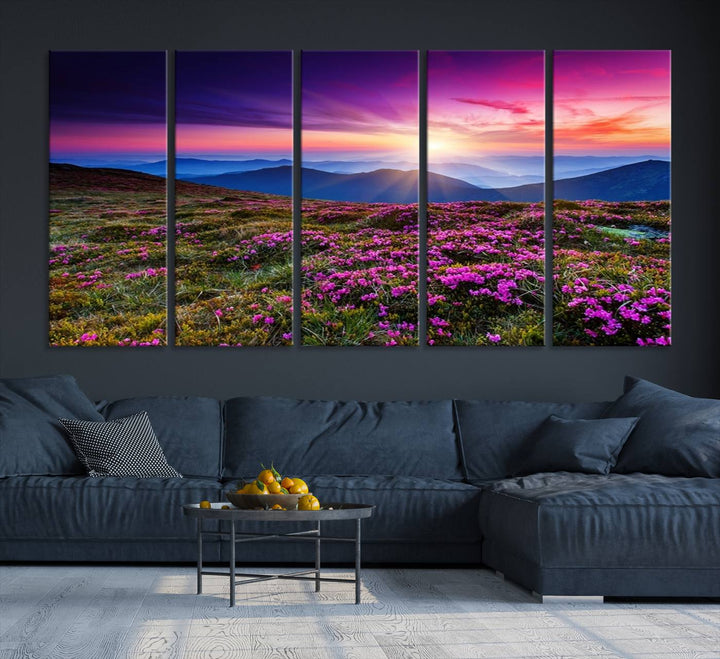 Large Wall Art Landscape Canvas PrintPurple Flowers and Mountains Behind at Sunset