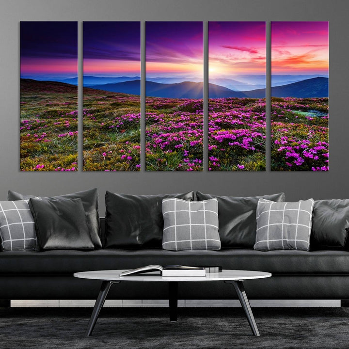 Large Wall Art Landscape Canvas PrintPurple Flowers and Mountains Behind at Sunset