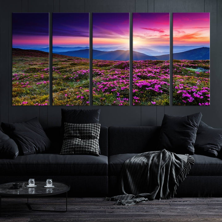 Large Wall Art Landscape Canvas PrintPurple Flowers and Mountains Behind at Sunset