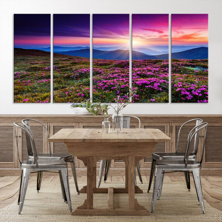 Large Wall Art Landscape Canvas PrintPurple Flowers and Mountains Behind at Sunset