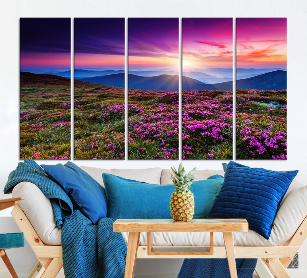 Large Wall Art Landscape Canvas PrintPurple Flowers and Mountains Behind at Sunset