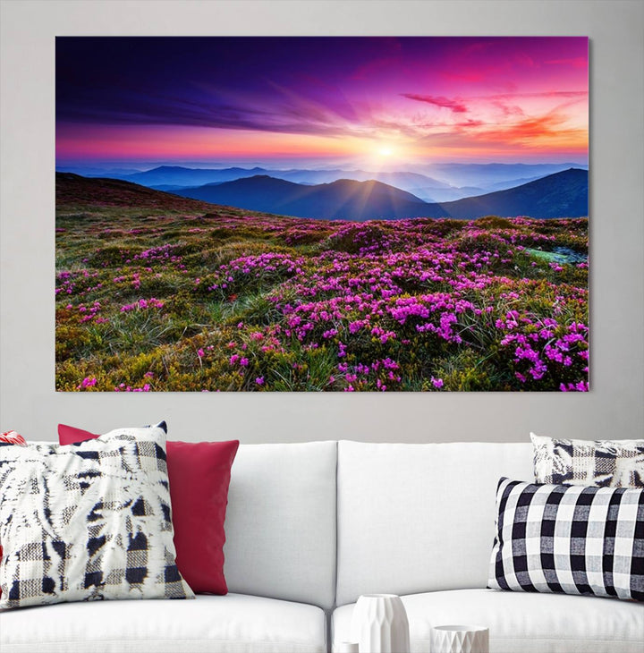 Large Wall Art Landscape Canvas PrintPurple Flowers and Mountains Behind at Sunset