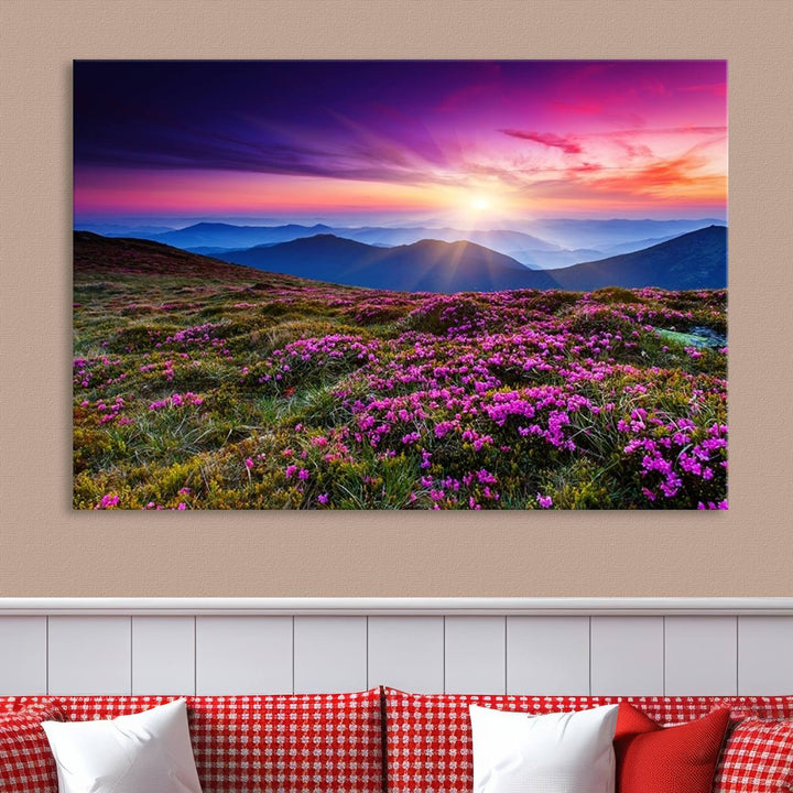 Large Wall Art Landscape Canvas PrintPurple Flowers and Mountains Behind at Sunset