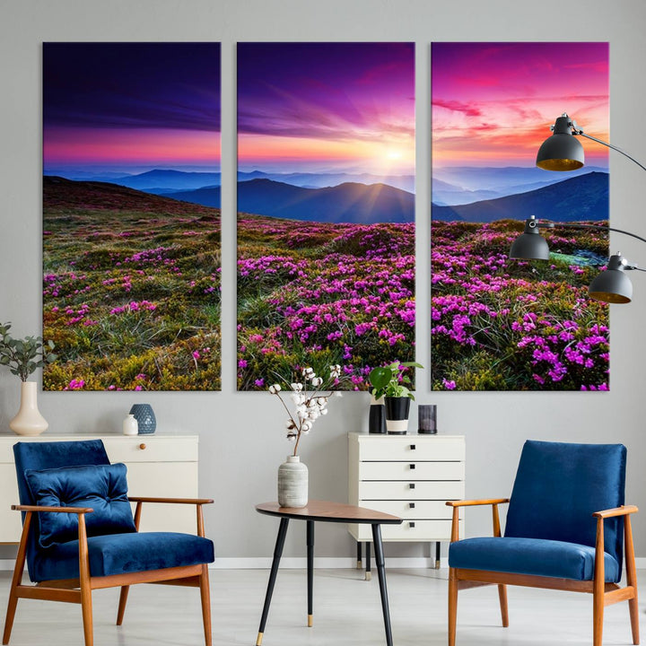 Large Wall Art Landscape Canvas PrintPurple Flowers and Mountains Behind at Sunset