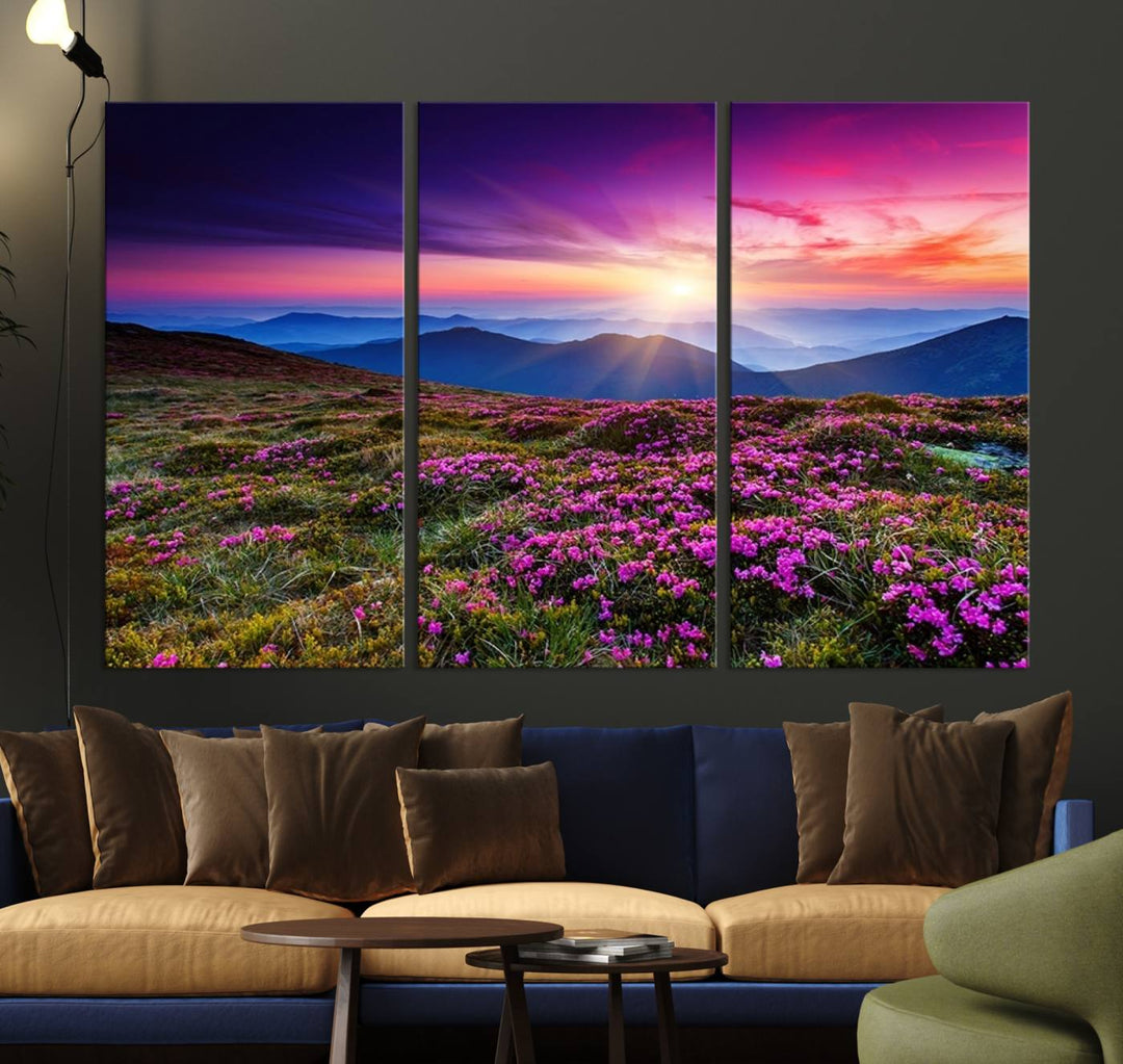 Large Wall Art Landscape Canvas PrintPurple Flowers and Mountains Behind at Sunset