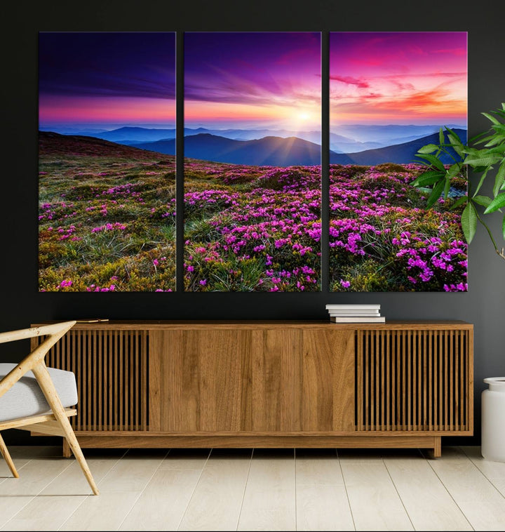 Large Wall Art Landscape Canvas PrintPurple Flowers and Mountains Behind at Sunset