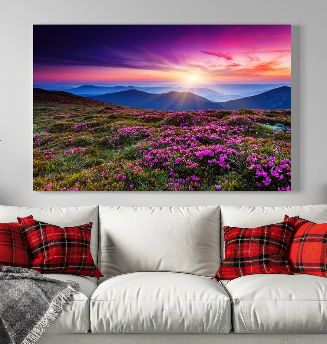 Large Wall Art Landscape Canvas PrintPurple Flowers and Mountains Behind at Sunset