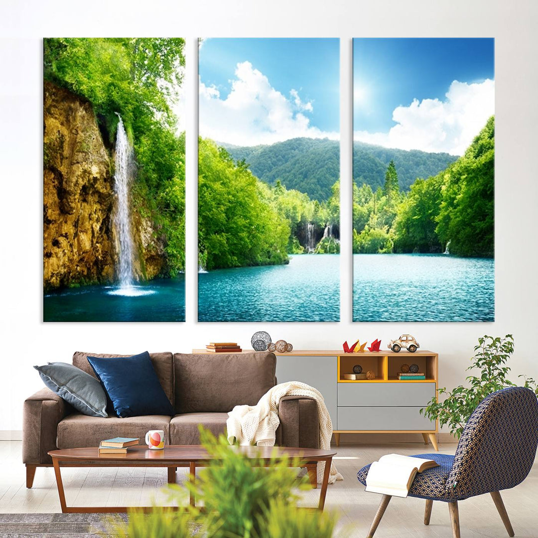 Large Wall Art Waterfall Canvas PrintBig Waterfalls in Forest with Mountain View