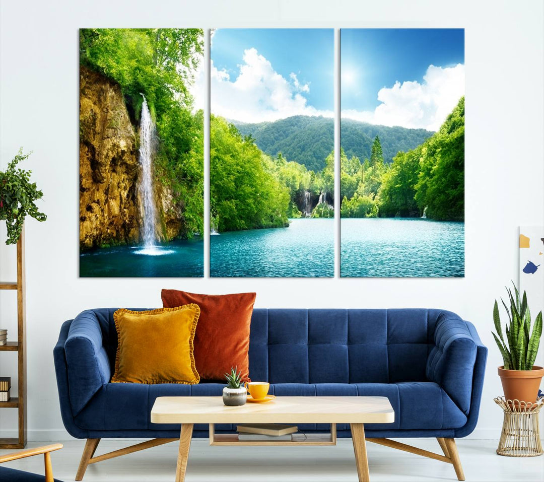 Large Wall Art Waterfall Canvas PrintBig Waterfalls in Forest with Mountain View