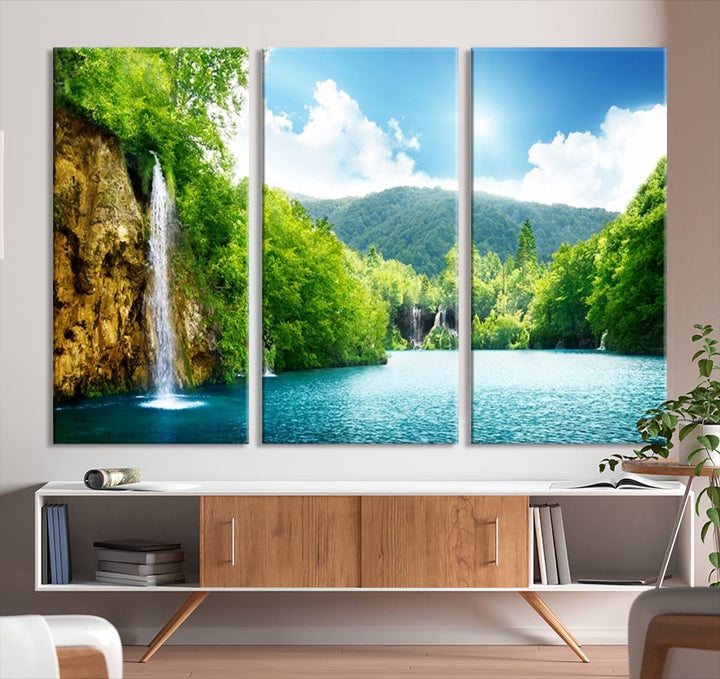 Large Wall Art Waterfall Canvas PrintBig Waterfalls in Forest with Mountain View