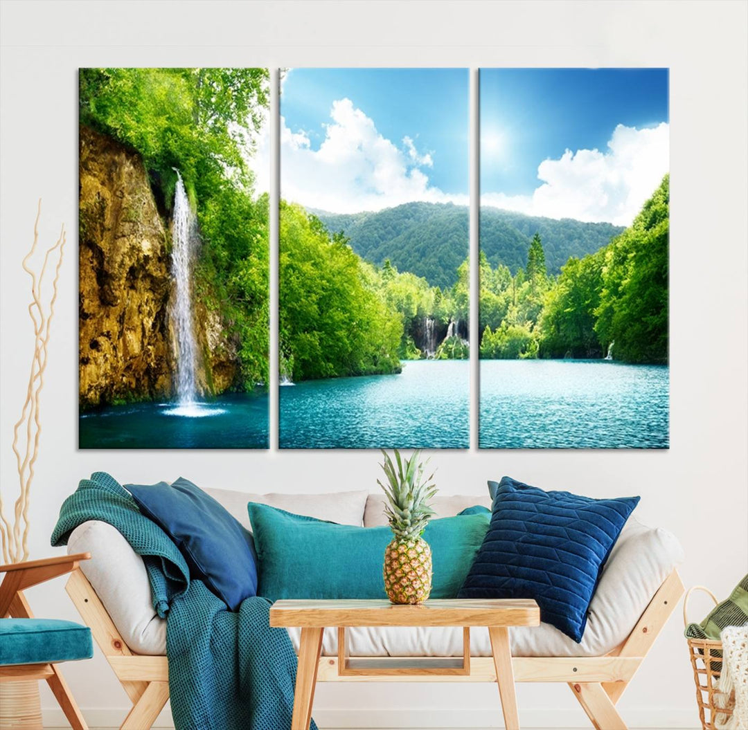 Large Wall Art Waterfall Canvas PrintBig Waterfalls in Forest with Mountain View