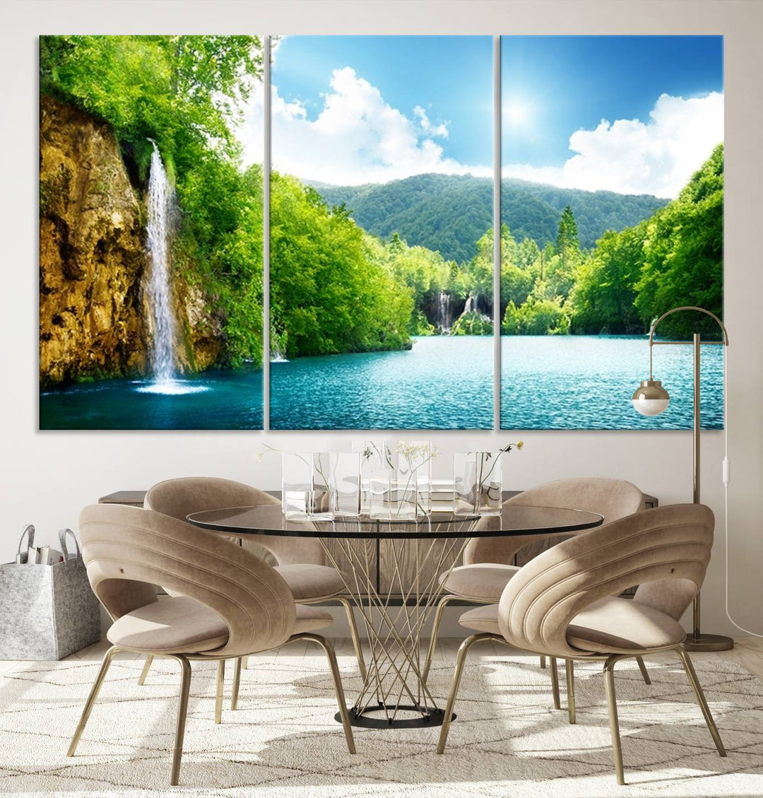 Large Wall Art Waterfall Canvas PrintBig Waterfalls in Forest with Mountain View