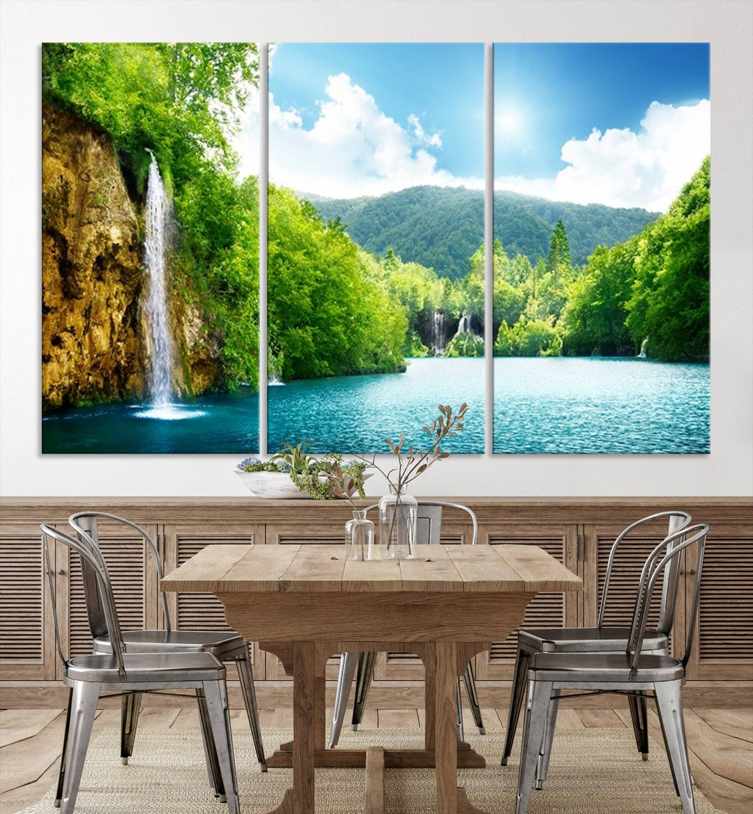 Large Wall Art Waterfall Canvas PrintBig Waterfalls in Forest with Mountain View