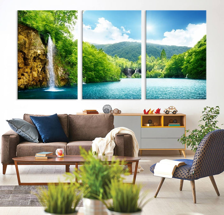 Large Wall Art Waterfall Canvas PrintBig Waterfalls in Forest with Mountain View