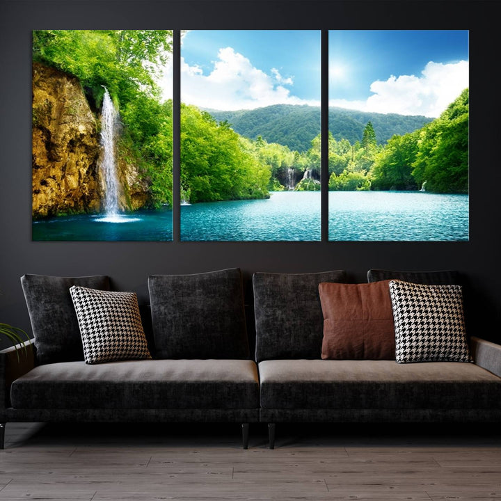 Large Wall Art Waterfall Canvas PrintBig Waterfalls in Forest with Mountain View