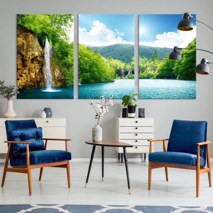 Large Wall Art Waterfall Canvas PrintBig Waterfalls in Forest with Mountain View