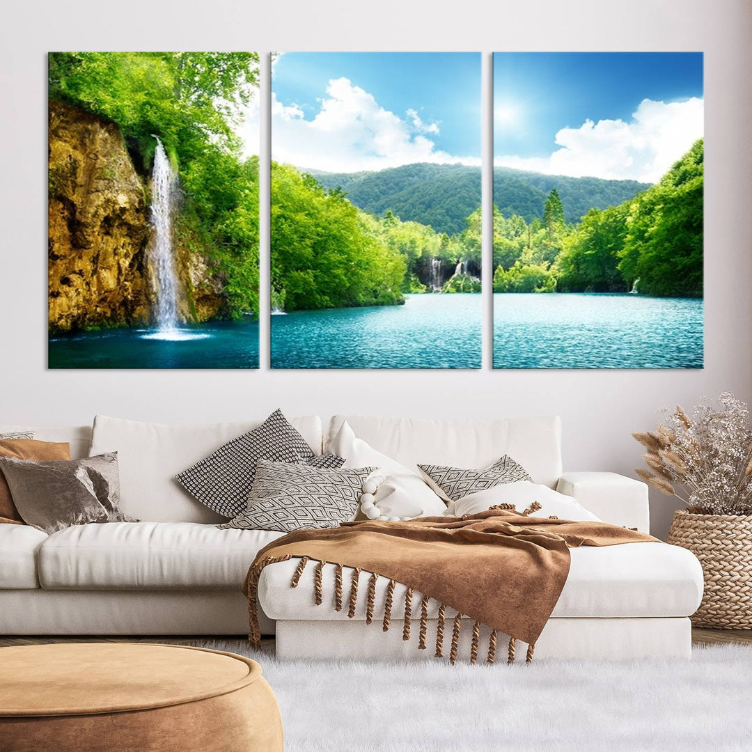 Large Wall Art Waterfall Canvas PrintBig Waterfalls in Forest with Mountain View