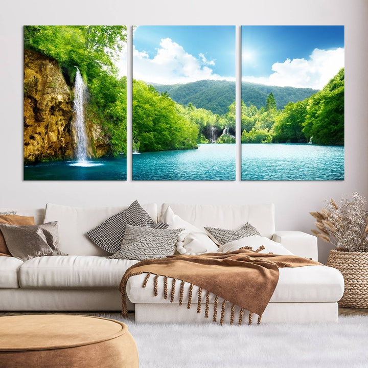 Large Wall Art Waterfall Canvas PrintBig Waterfalls in Forest with Mountain View