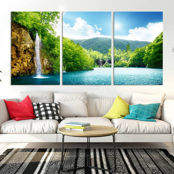 Large Wall Art Waterfall Canvas PrintBig Waterfalls in Forest with Mountain View