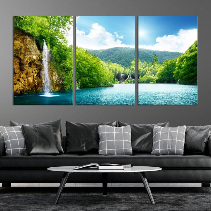 Large Wall Art Waterfall Canvas PrintBig Waterfalls in Forest with Mountain View