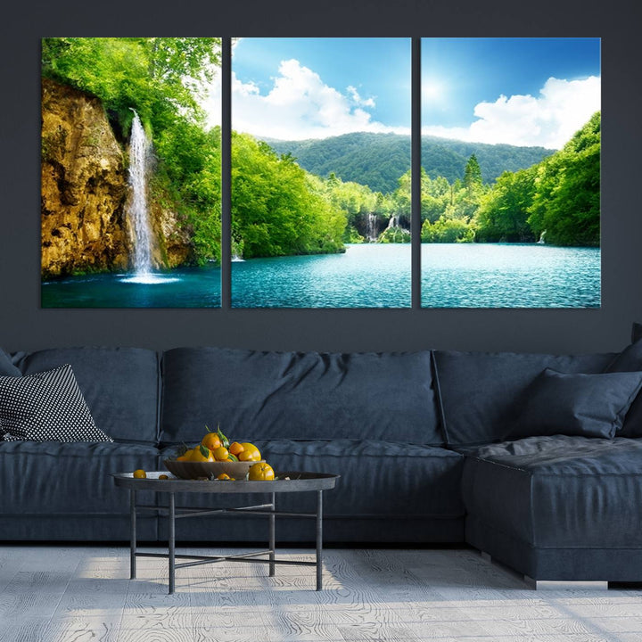 Large Wall Art Waterfall Canvas PrintBig Waterfalls in Forest with Mountain View