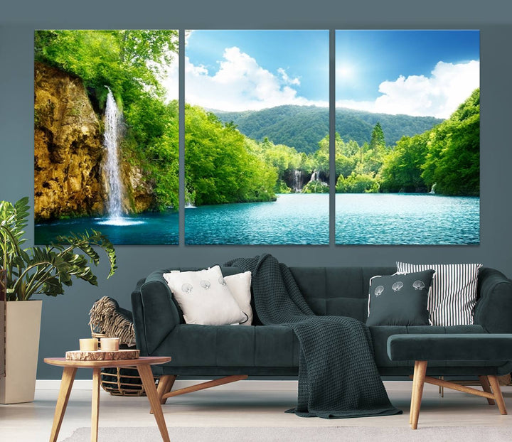 Large Wall Art Waterfall Canvas PrintBig Waterfalls in Forest with Mountain View