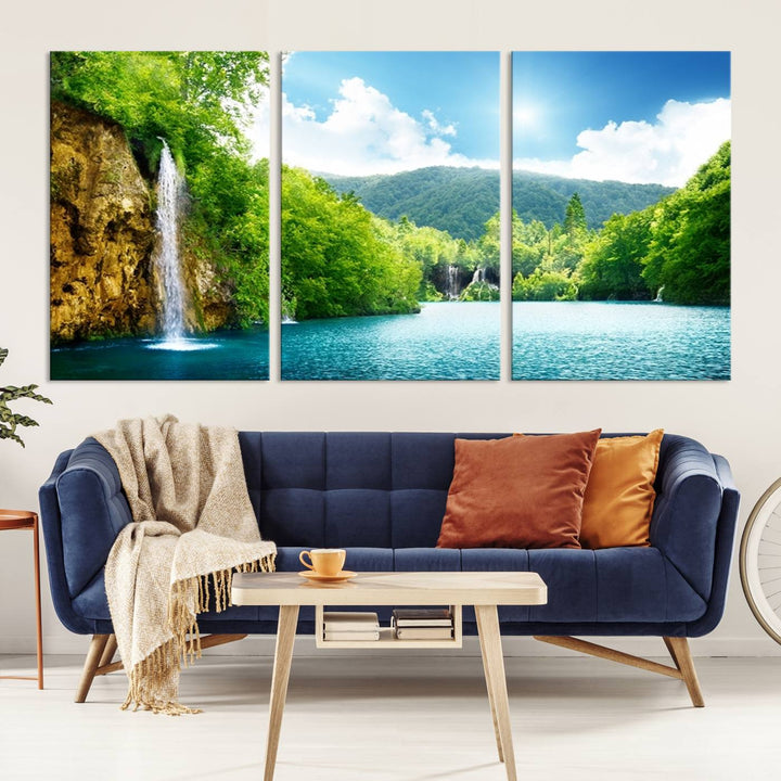 Large Wall Art Waterfall Canvas PrintBig Waterfalls in Forest with Mountain View