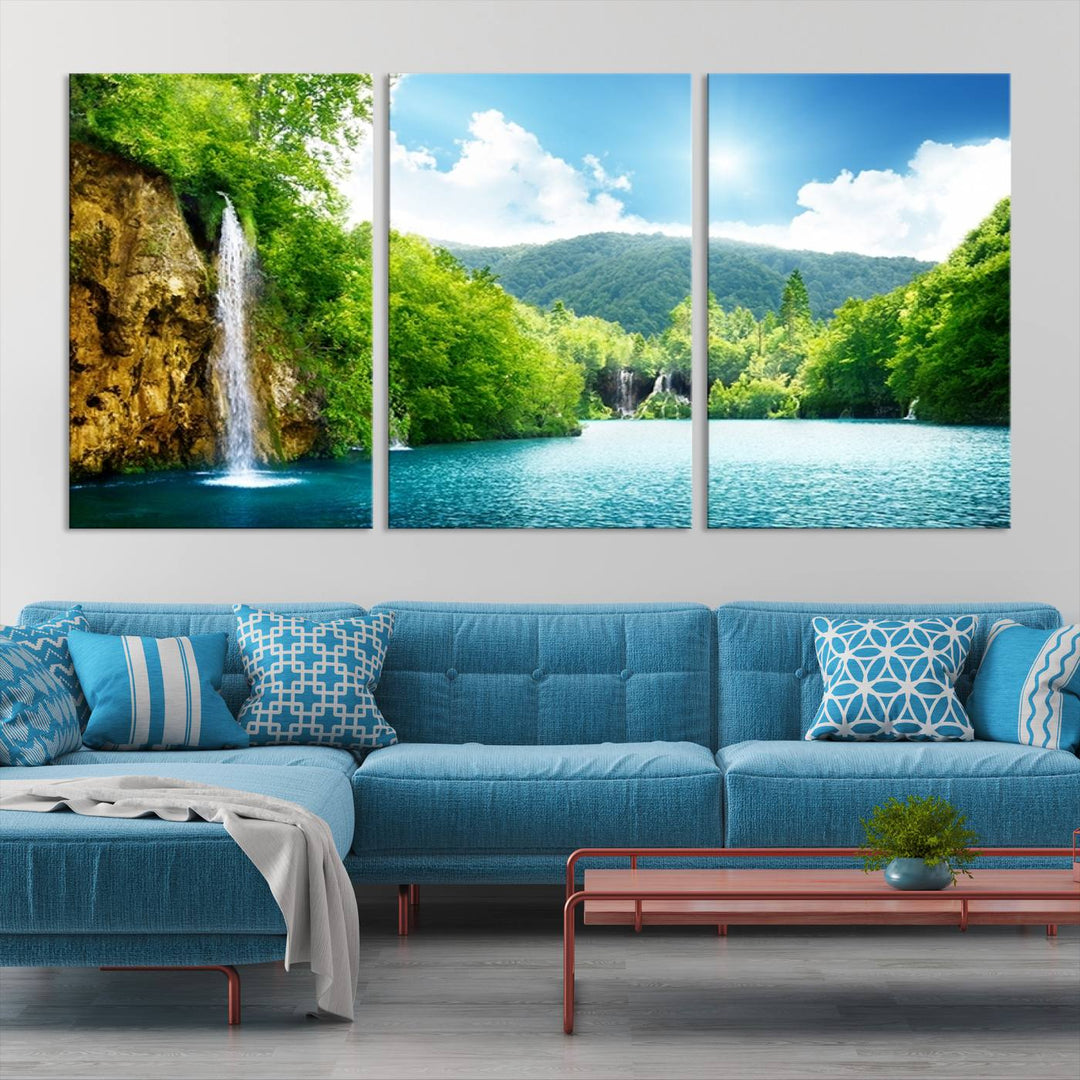 Large Wall Art Waterfall Canvas PrintBig Waterfalls in Forest with Mountain View