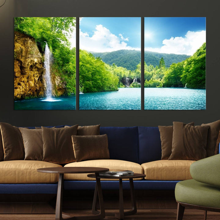 Large Wall Art Waterfall Canvas PrintBig Waterfalls in Forest with Mountain View