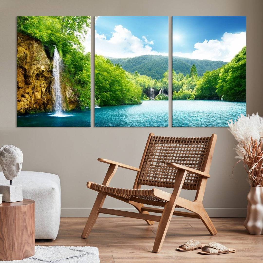 Large Wall Art Waterfall Canvas PrintBig Waterfalls in Forest with Mountain View