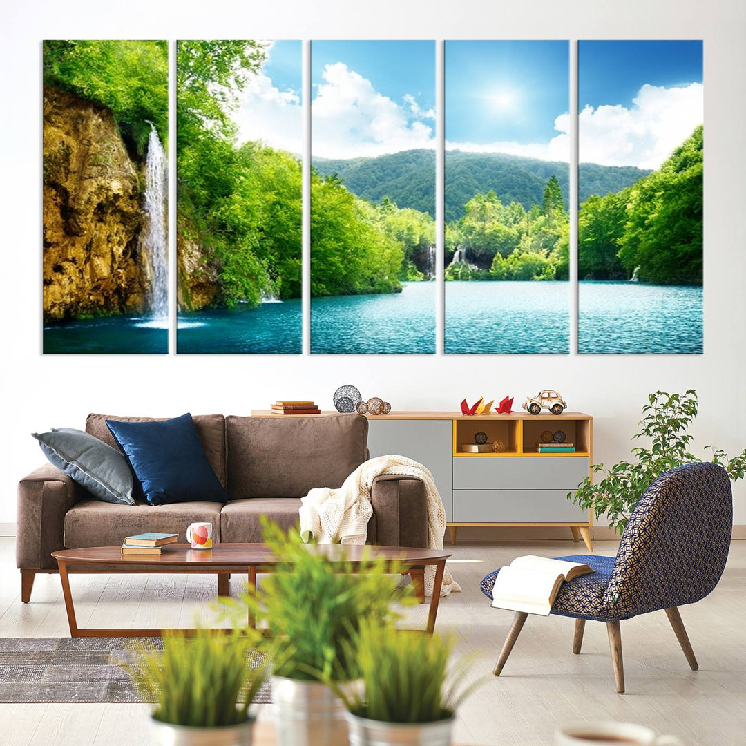 Large Wall Art Waterfall Canvas PrintBig Waterfalls in Forest with Mountain View