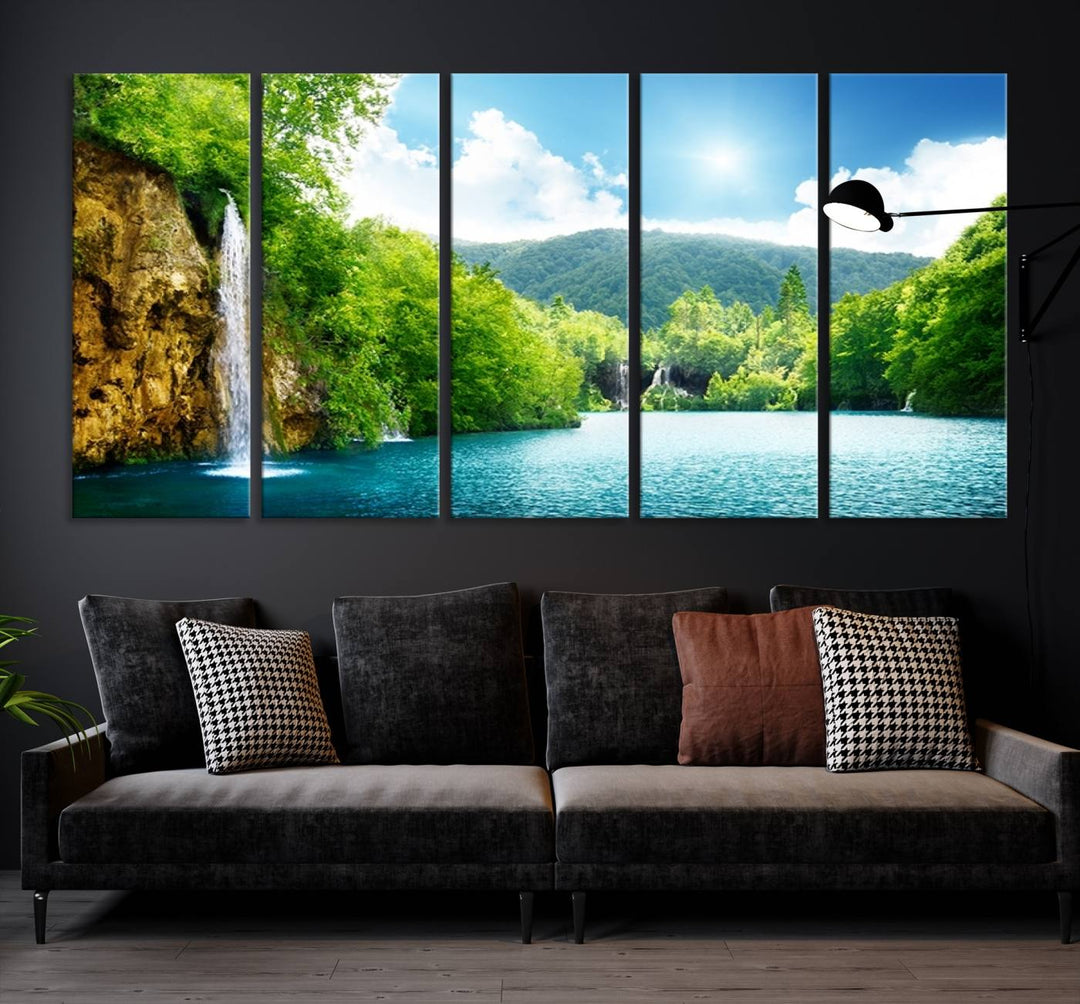 Large Wall Art Waterfall Canvas PrintBig Waterfalls in Forest with Mountain View