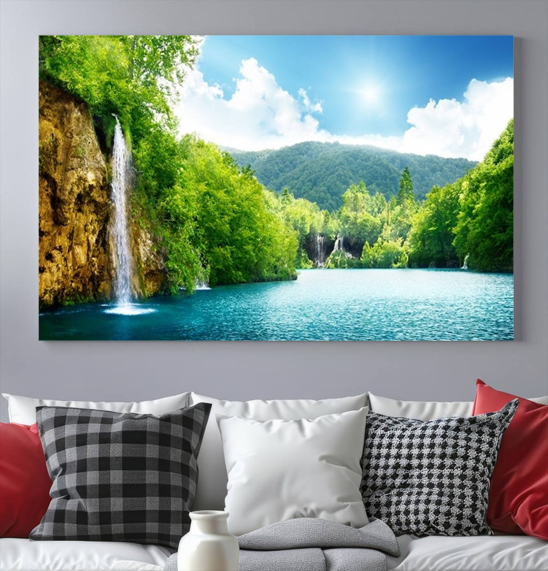 Large Wall Art Waterfall Canvas PrintBig Waterfalls in Forest with Mountain View