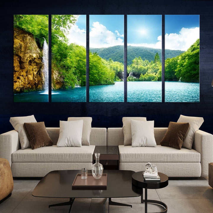 Large Wall Art Waterfall Canvas PrintBig Waterfalls in Forest with Mountain View