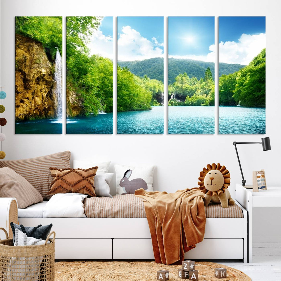 Large Wall Art Waterfall Canvas PrintBig Waterfalls in Forest with Mountain View