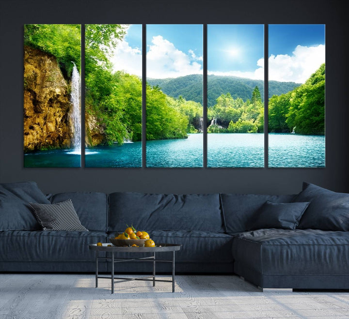 Large Wall Art Waterfall Canvas PrintBig Waterfalls in Forest with Mountain View