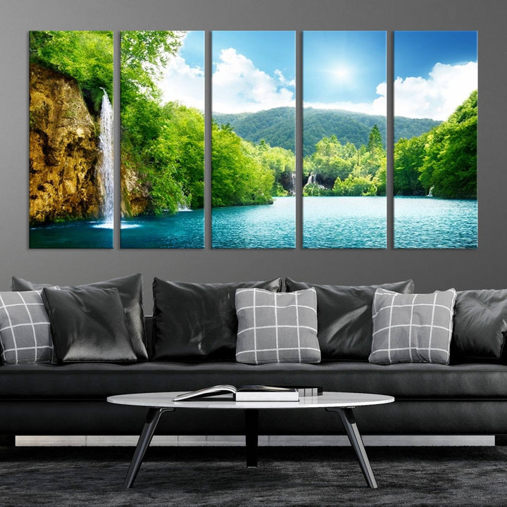 Large Wall Art Waterfall Canvas PrintBig Waterfalls in Forest with Mountain View